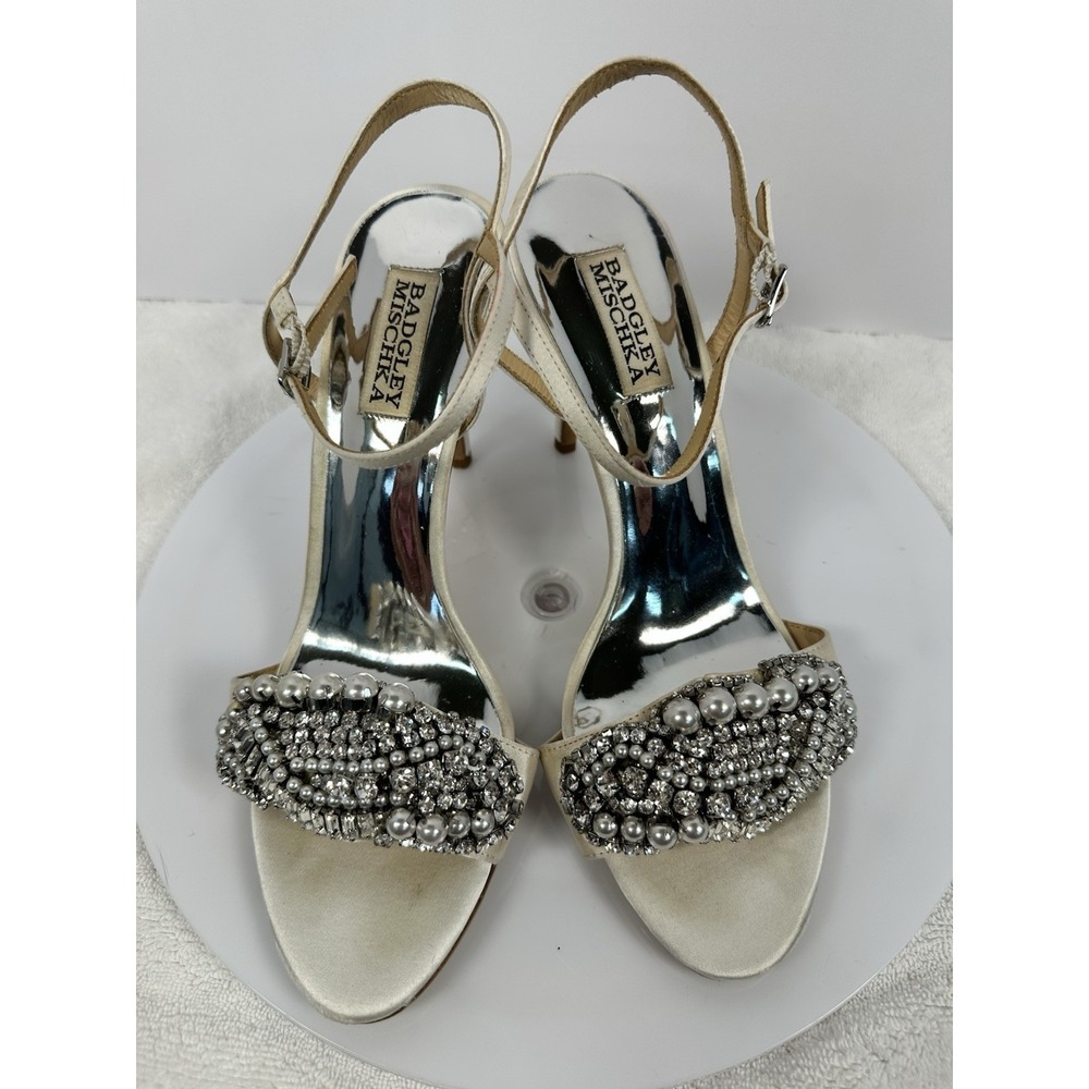 Badgley Mischka Women Odelia Heeled Satin Sandal Pearl Rhinestone Size 8 Wedding